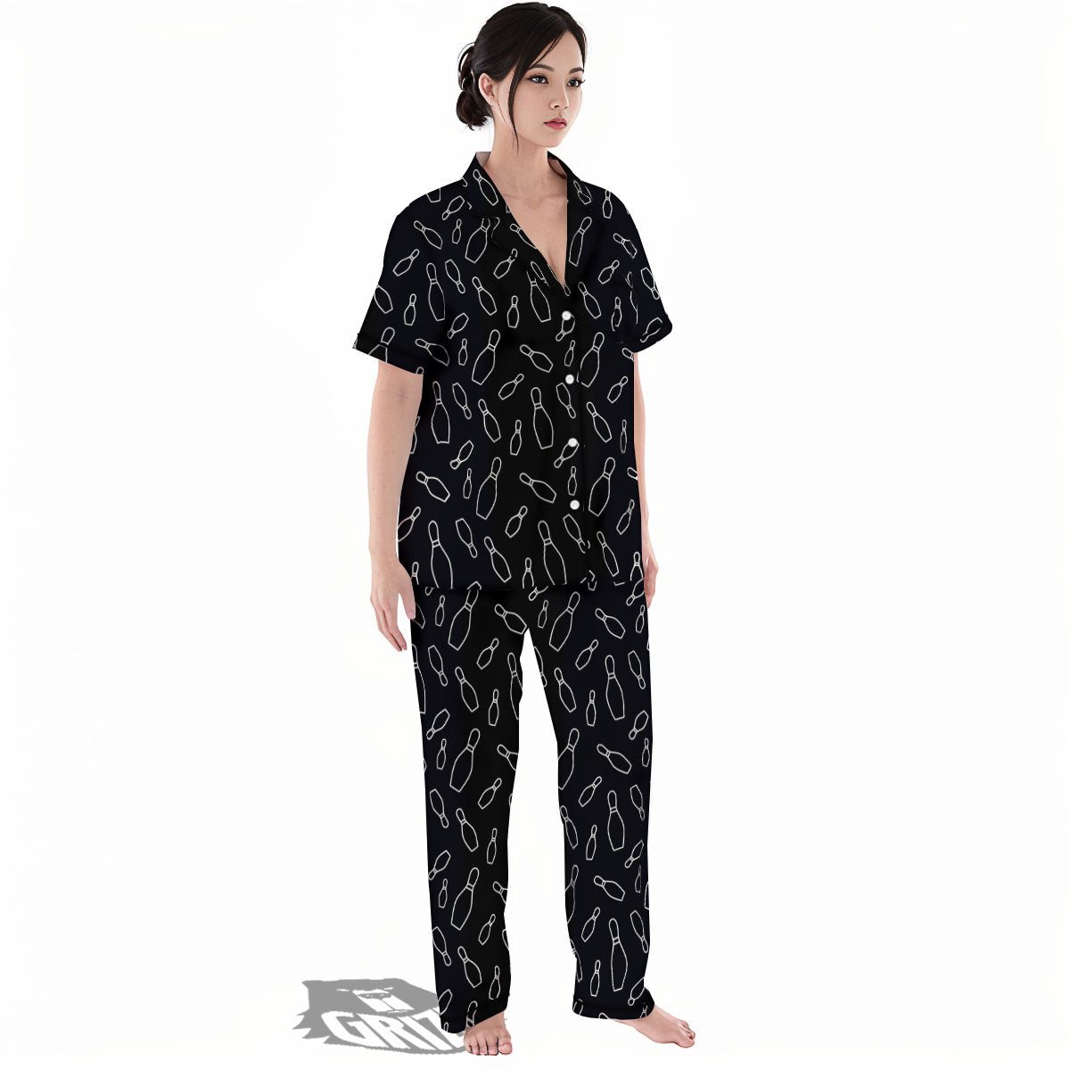 Black Bowling Pins Print Pattern Women's Pajamas Set-grizzshop