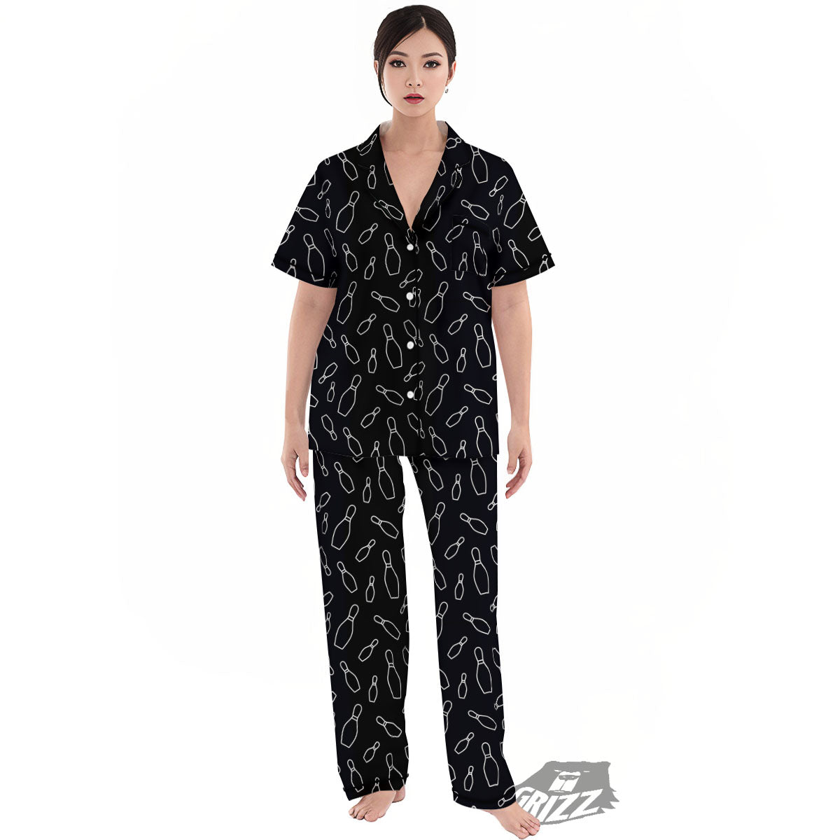 Black Bowling Pins Print Pattern Women's Pajamas Set-grizzshop