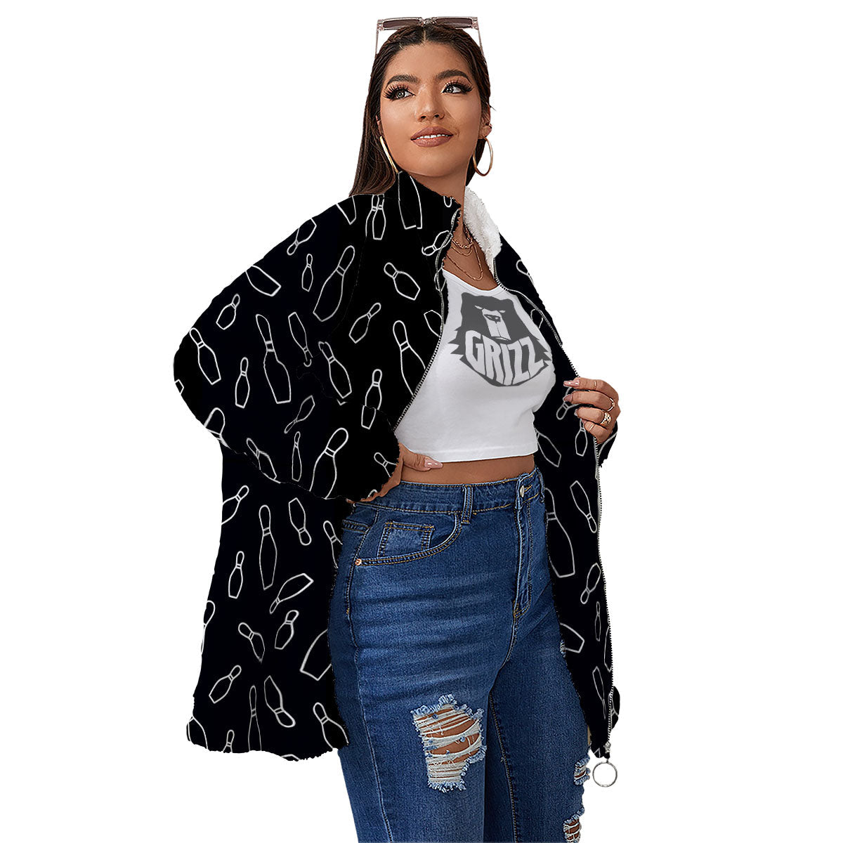 Black Bowling Pins Print Pattern Women's Sherpa Jacket-grizzshop