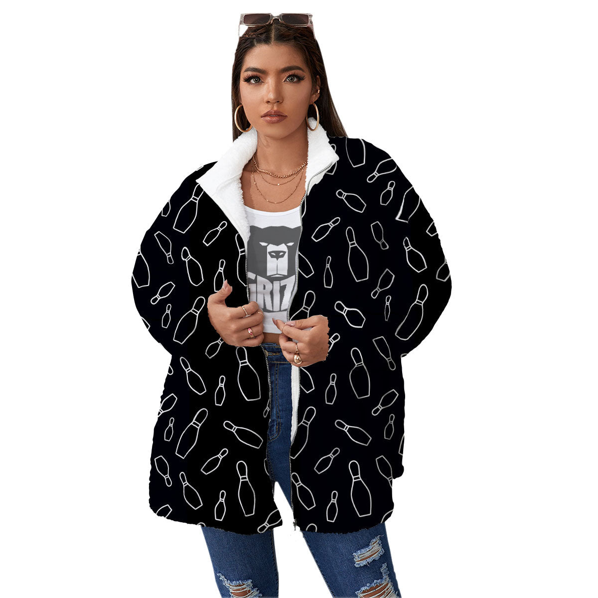 Black Bowling Pins Print Pattern Women's Sherpa Jacket-grizzshop