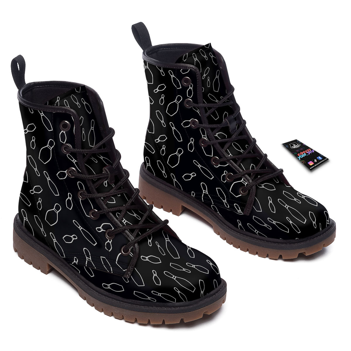 Black Bowling Pins Print Pattern Work Boots-grizzshop