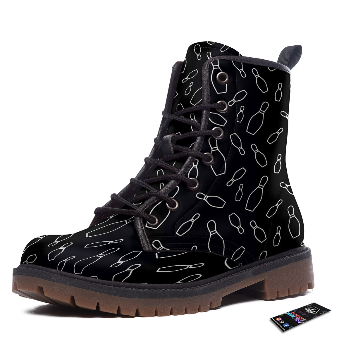 Black Bowling Pins Print Pattern Work Boots-grizzshop