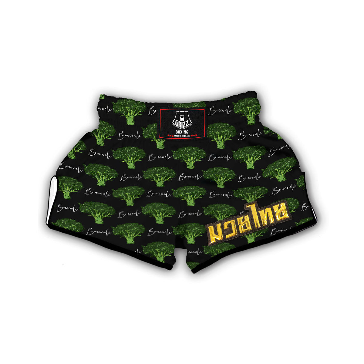 Black Broccoli Print Muay Thai Boxing Shorts-grizzshop