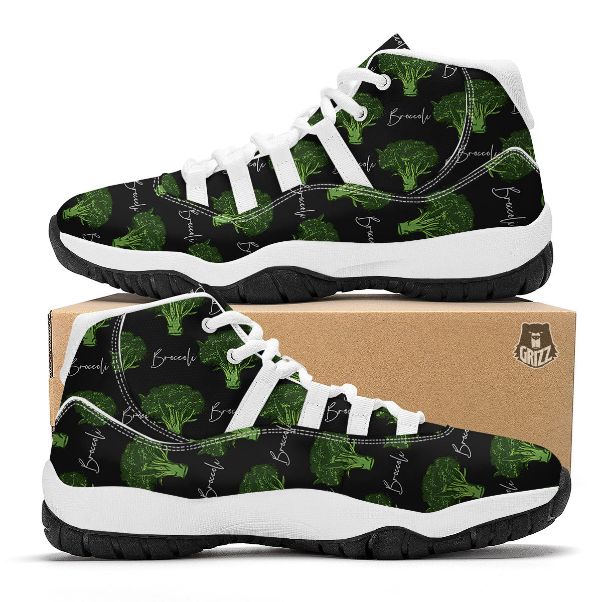 Black Broccoli Print White Bball Shoes-grizzshop