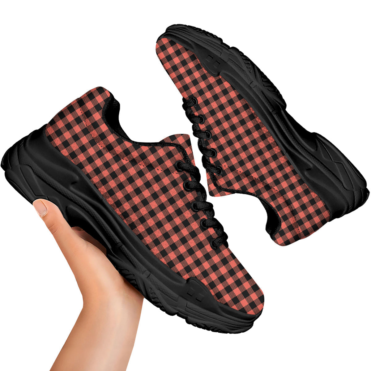 Black Buffalo Check And Coral Pink Print Black Chunky Shoes-grizzshop