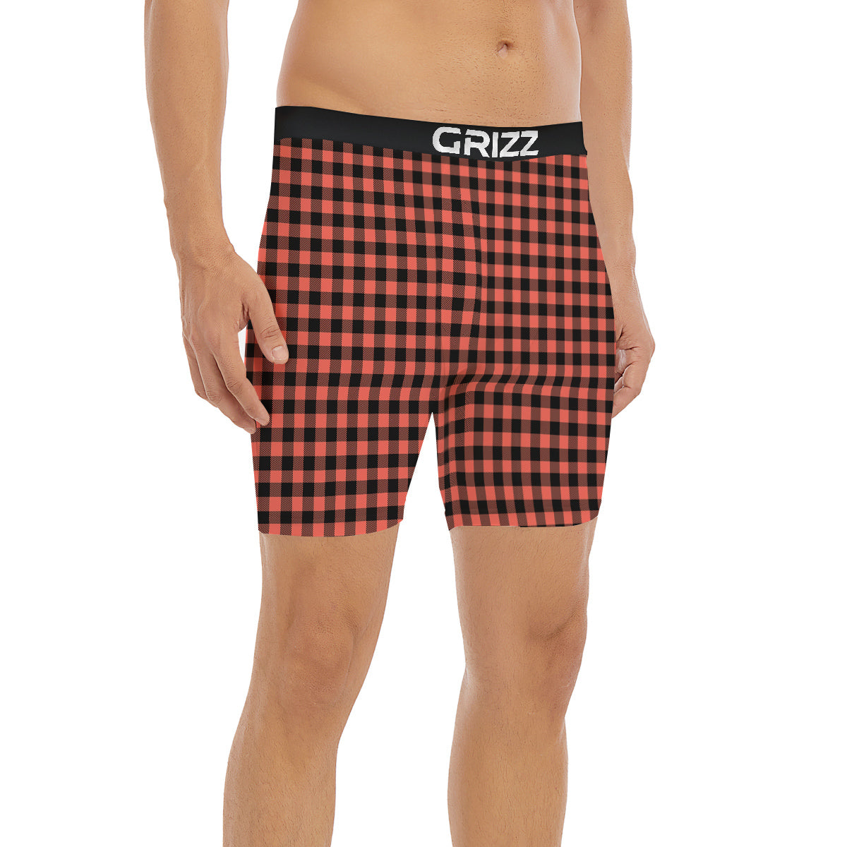 Black Buffalo Check And Coral Pink Print Boxer Briefs-grizzshop