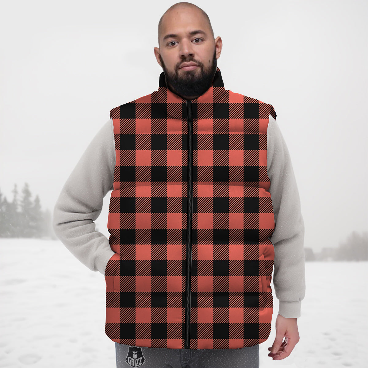 Black Buffalo Check And Coral Pink Print Down Vest