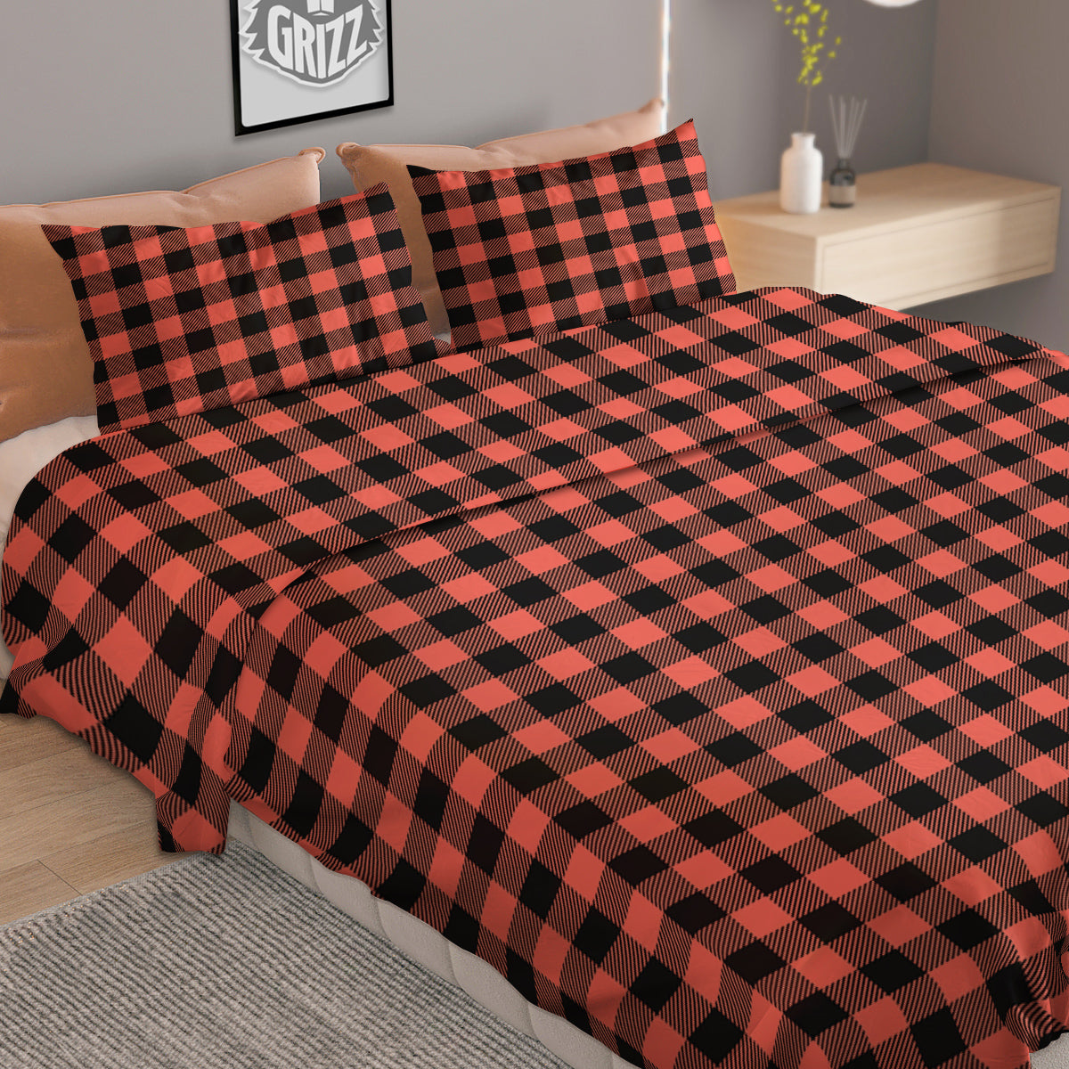 Black Argyle And Deep Pink Print Pattern Duvet Cover Bedding Set