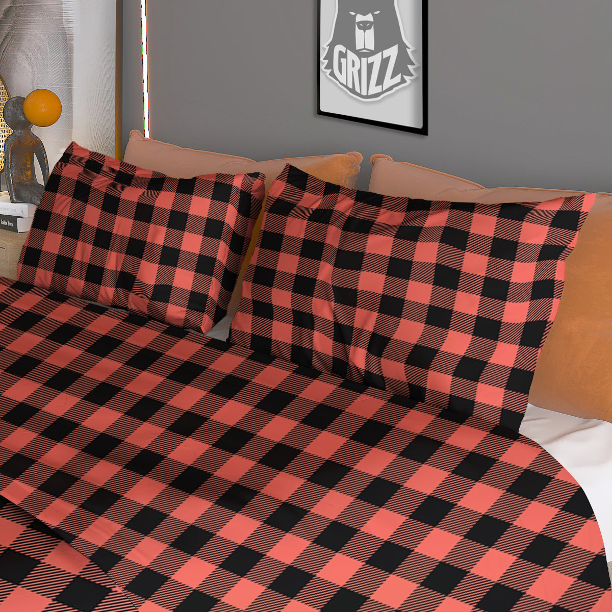 Black Argyle And Deep Pink Print Pattern Duvet Cover Bedding Set