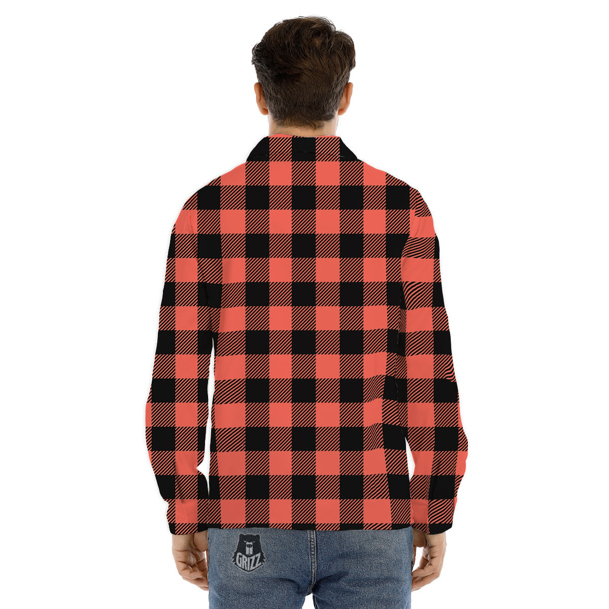 Black Buffalo Check And Coral Pink Print Men's Dress Shirts-grizzshop