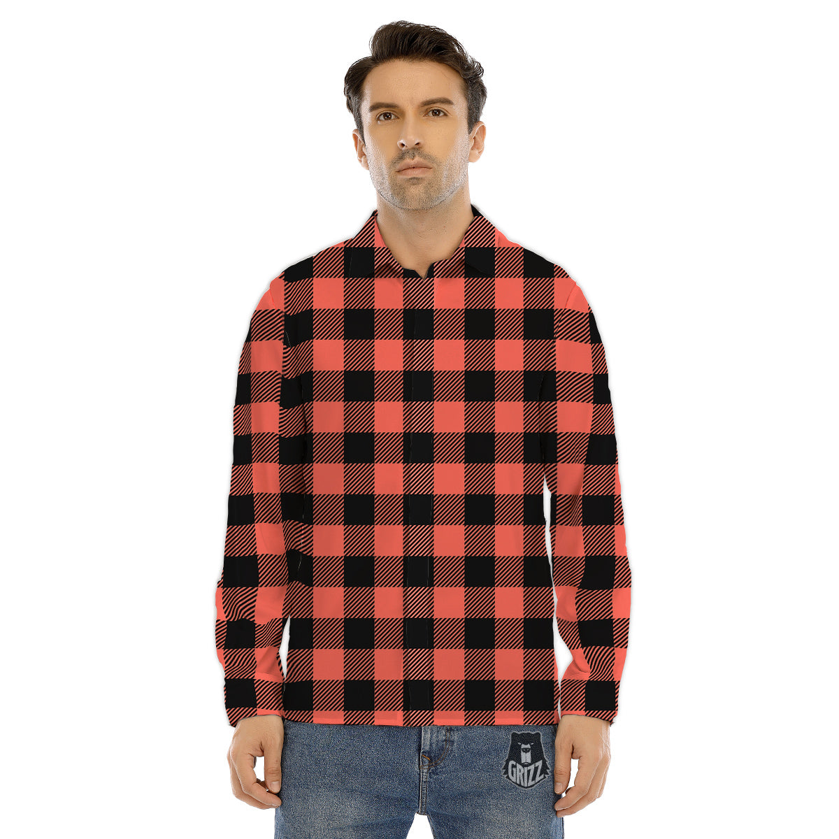 Black Buffalo Check And Coral Pink Print Men's Dress Shirts-grizzshop
