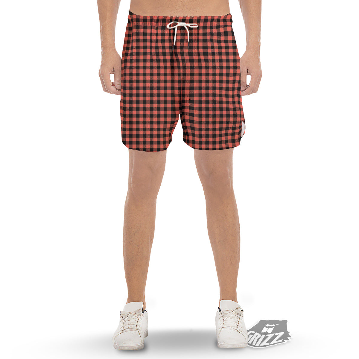 Black Buffalo Check And Coral Pink Print Men's Gym Shorts-grizzshop