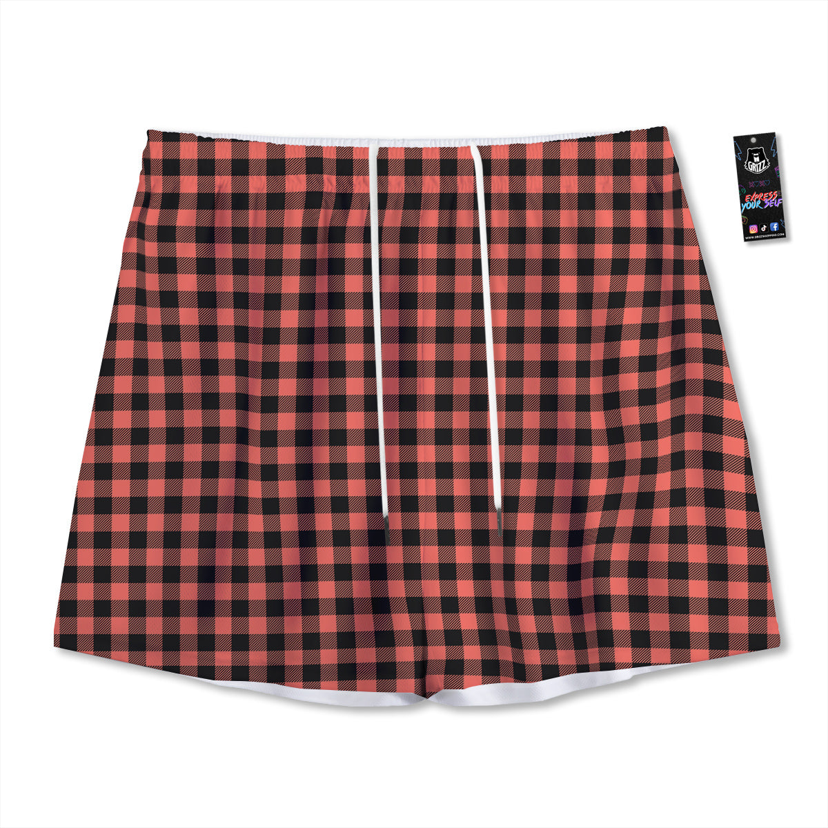 Black Argyle And Deep Pink Print Pattern Mesh Shorts