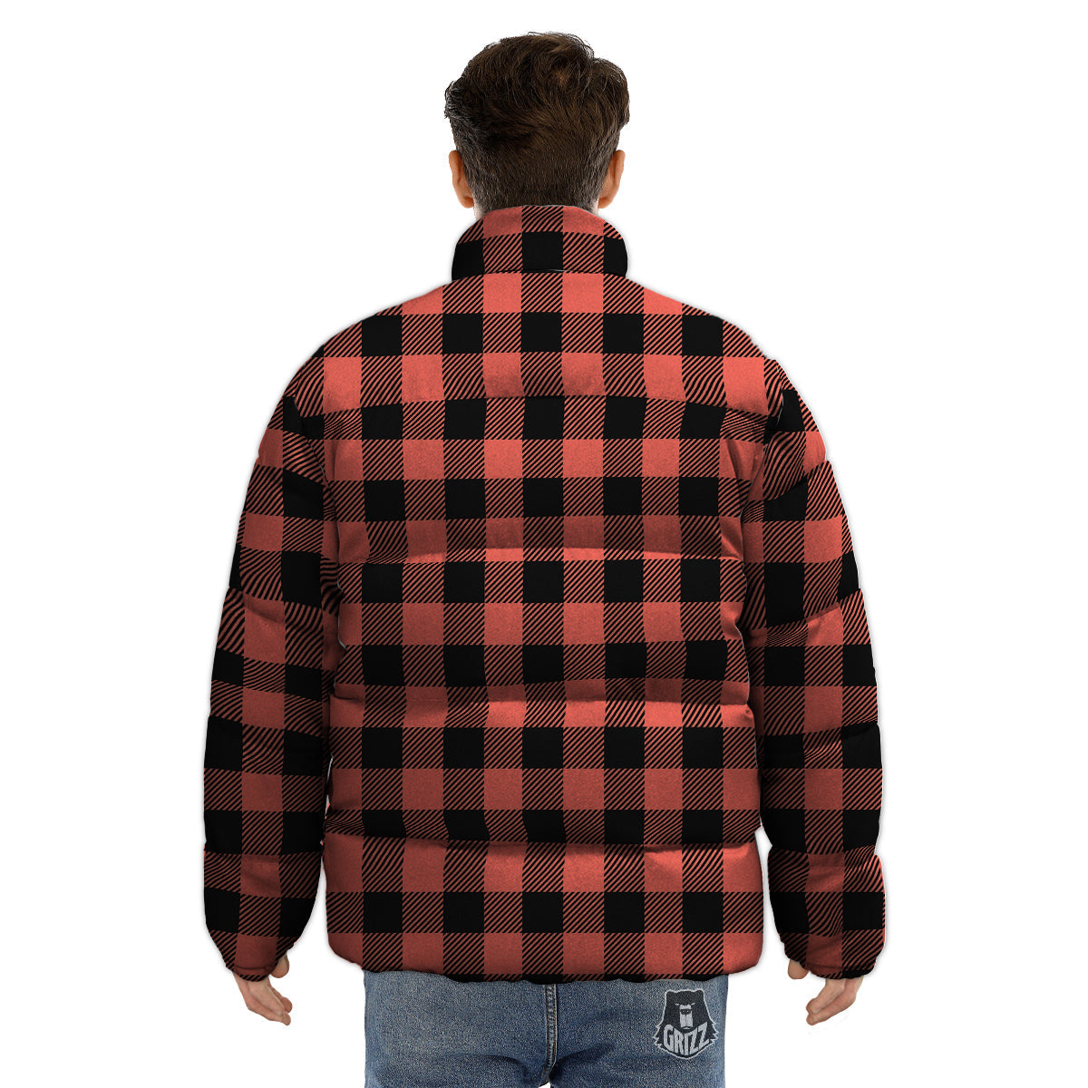 Black Buffalo Check And Coral Pink Print Puffer Jacket-grizzshop