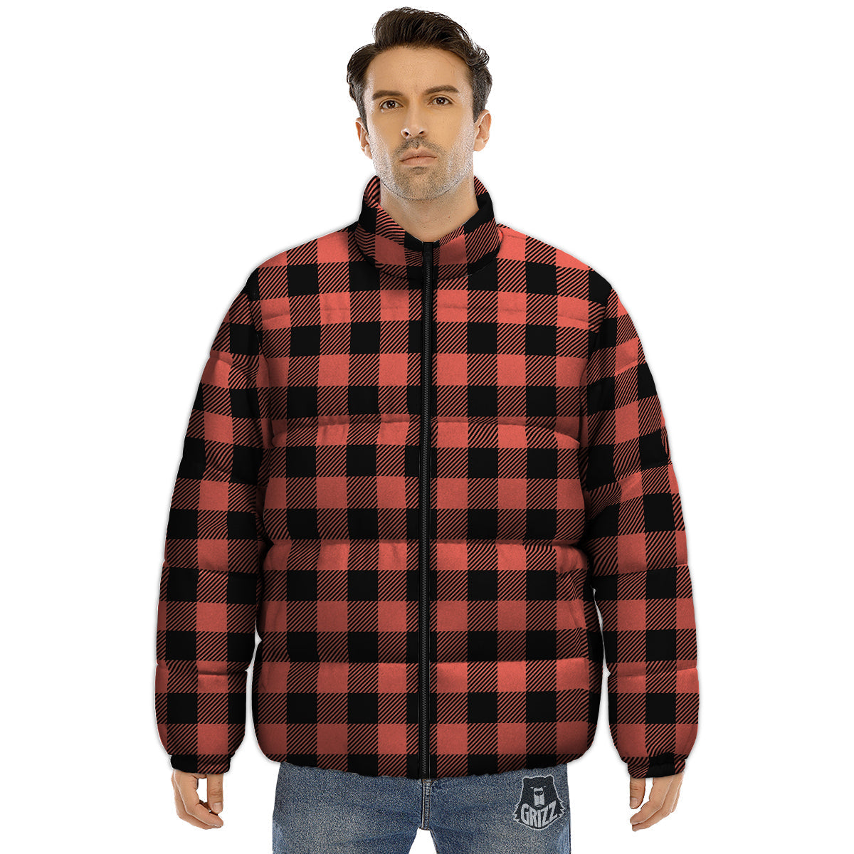 Black Buffalo Check And Coral Pink Print Puffer Jacket-grizzshop