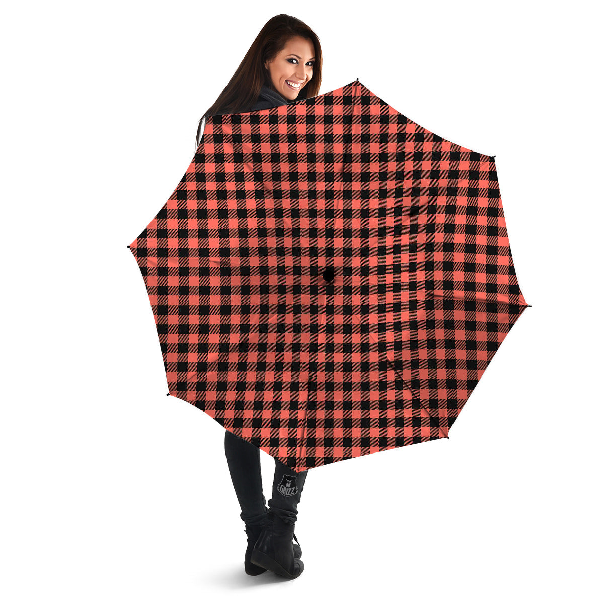 Black Buffalo Check And Coral Pink Print Umbrella-grizzshop