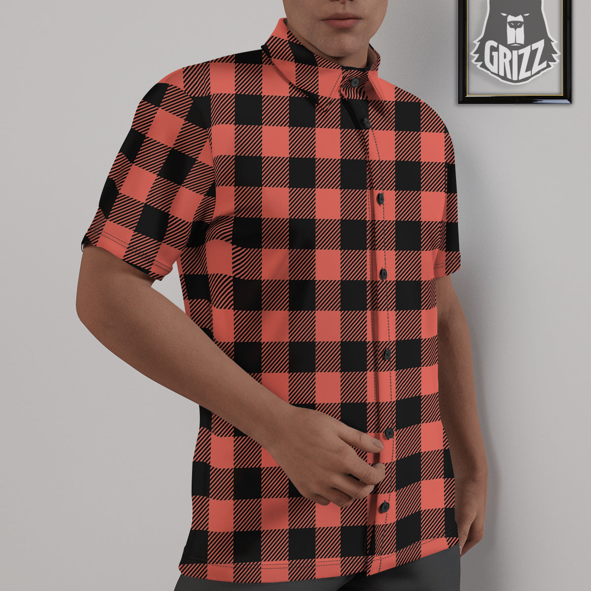 Black Buffalo Check And Coral Pink Print Untucked Shirts-grizzshop