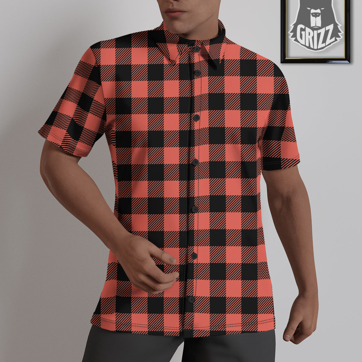 Black Buffalo Check And Coral Pink Print Untucked Shirts-grizzshop