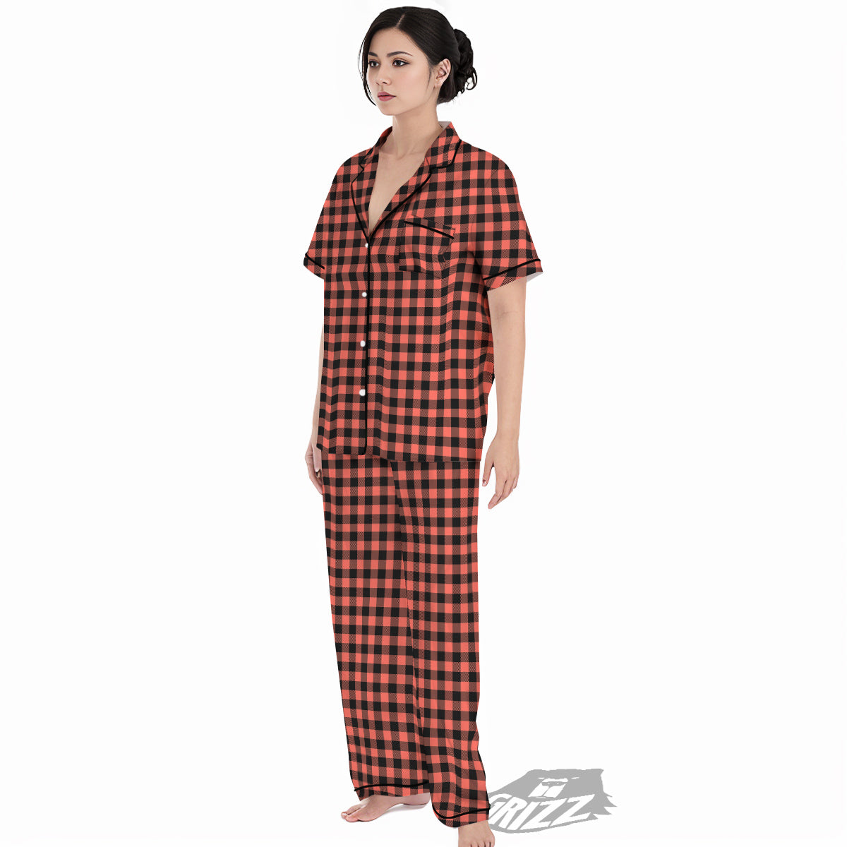 Black Buffalo Check And Coral Pink Print Women's Pajamas Set-grizzshop