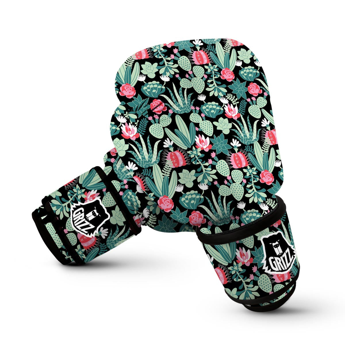 Black Cactus Pattern Print Boxing Gloves-grizzshop