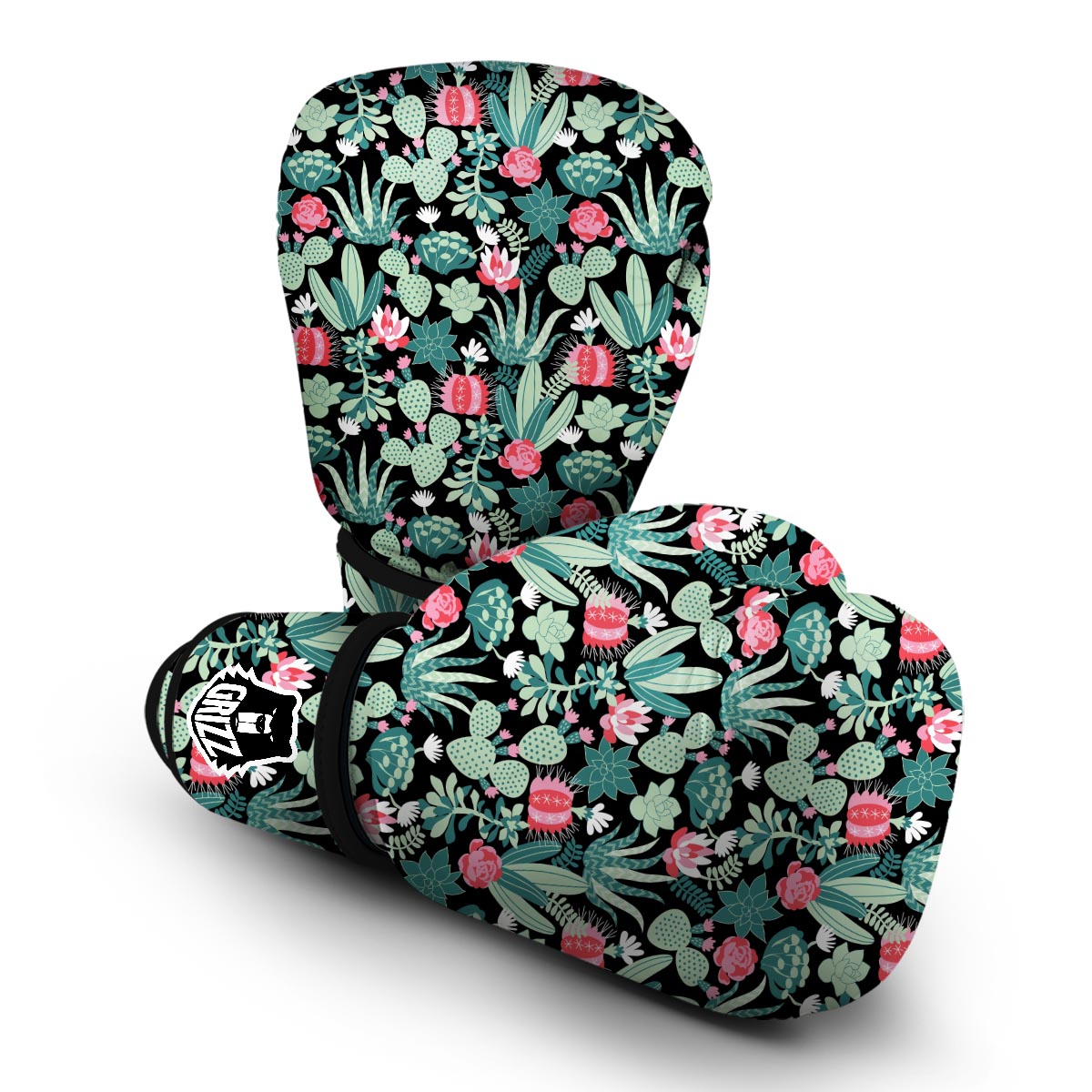 Black Cactus Pattern Print Boxing Gloves-grizzshop