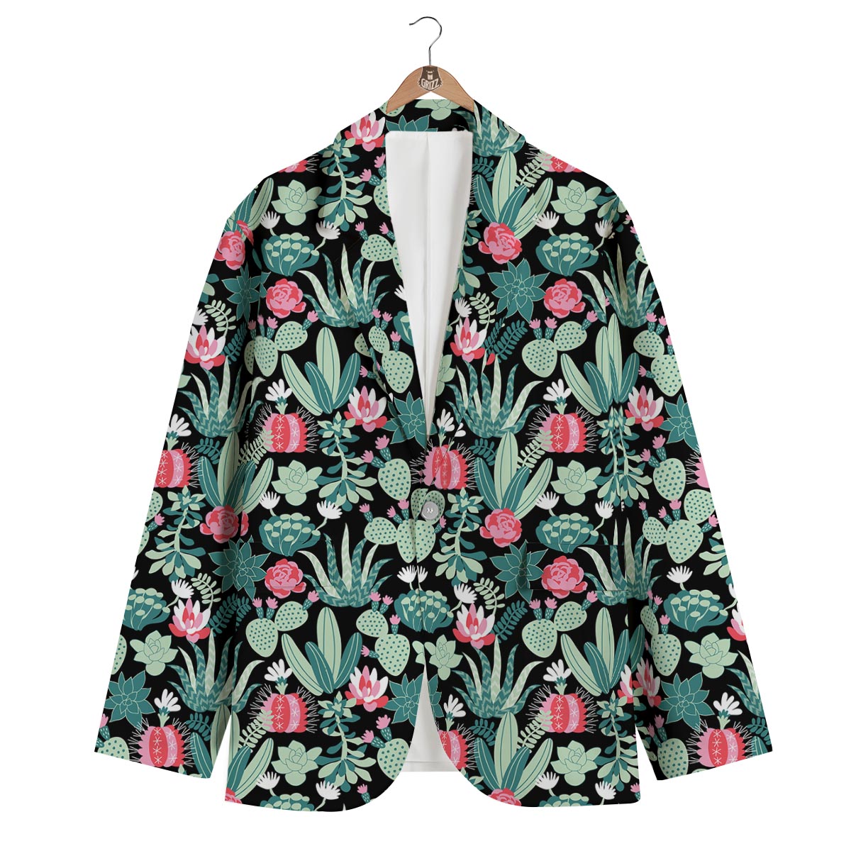 Black Cactus Pattern Print Men's Blazer-grizzshop