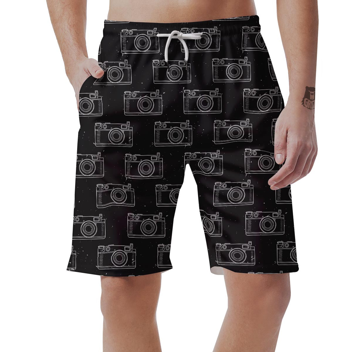 Black Camera Print Pattern Men's Shorts-grizzshop