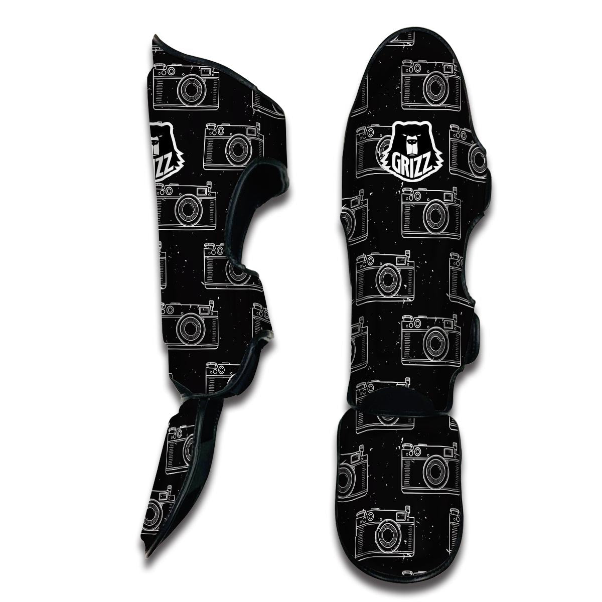 Black Camera Print Pattern Muay Thai Shin Guards-grizzshop