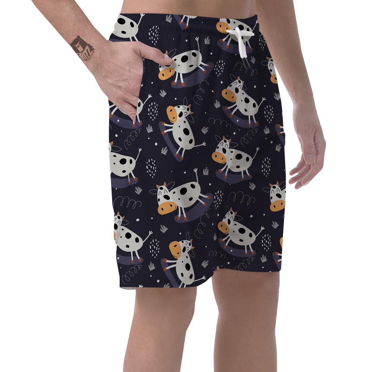 Black Cartoon Cow Print Men's Shorts-grizzshop