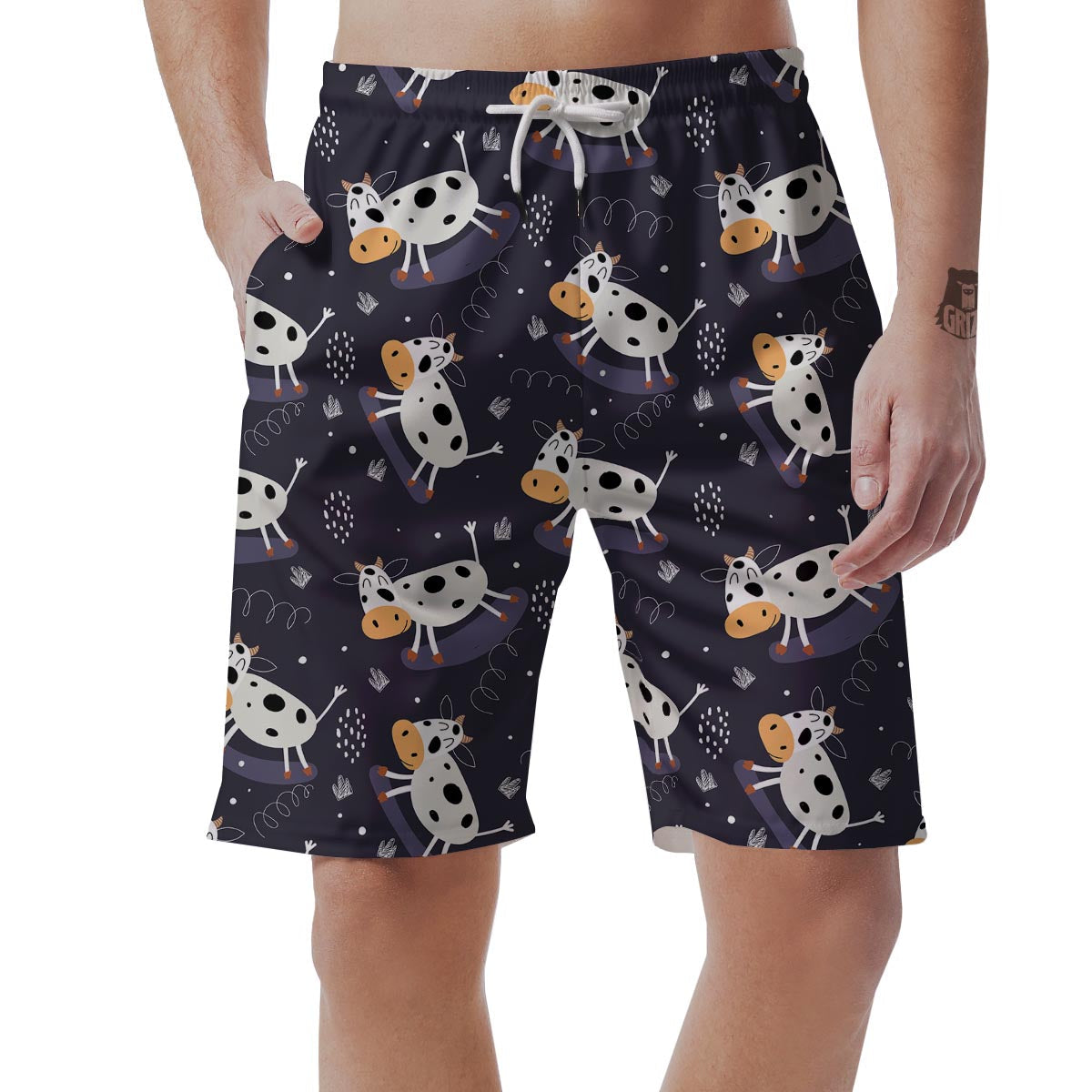 Black Cartoon Cow Print Men's Shorts-grizzshop