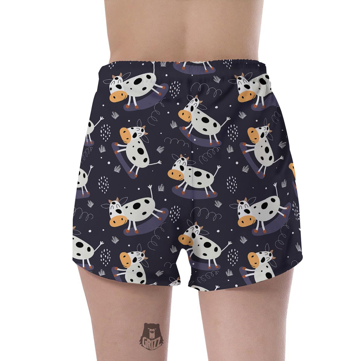 Black Cartoon Cow Print Women's Shorts-grizzshop