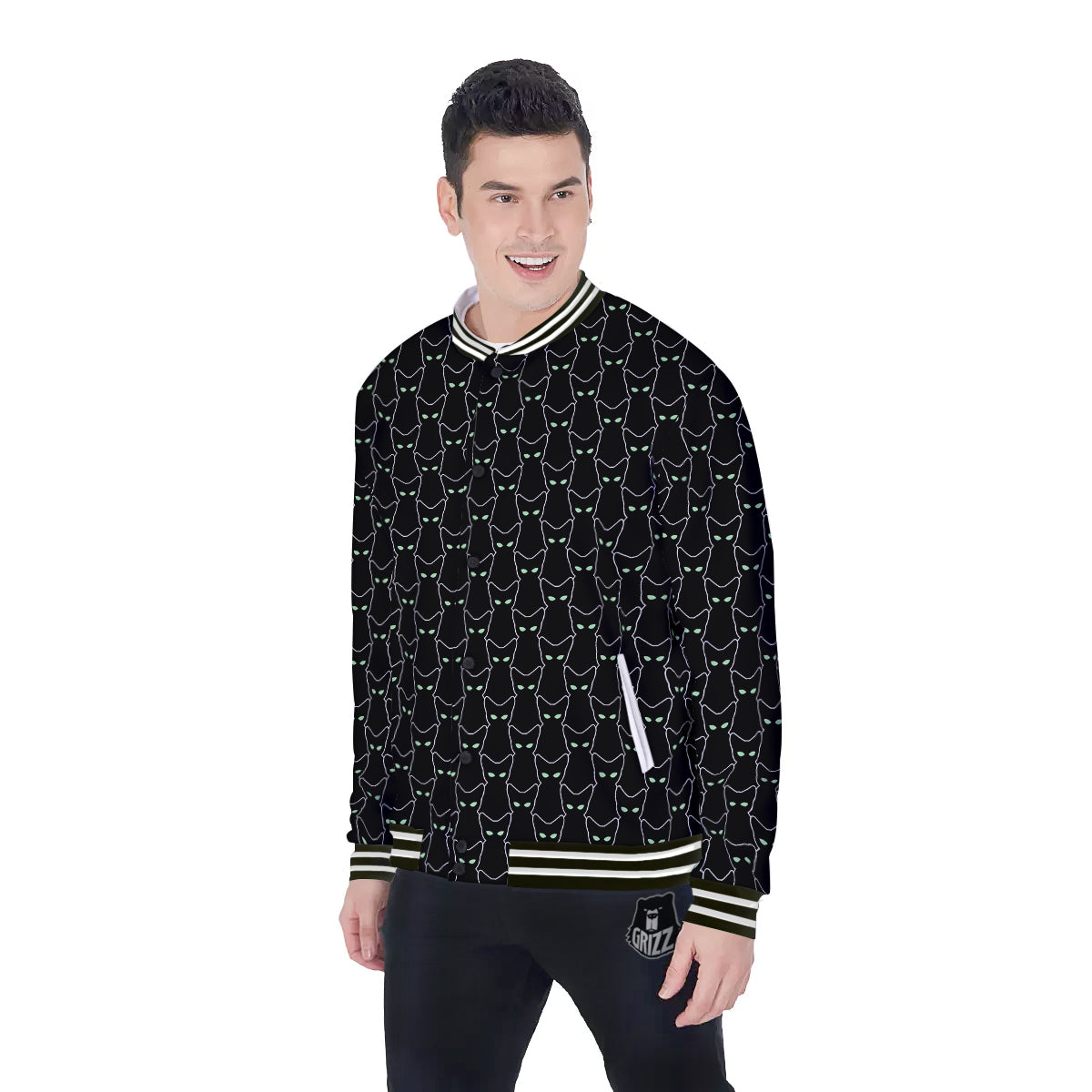 Black Cat Alien Print Pattern Baseball Jacket-grizzshop