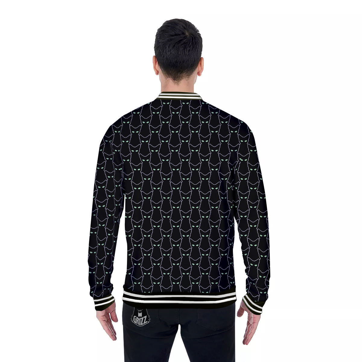 Black Cat Alien Print Pattern Baseball Jacket-grizzshop