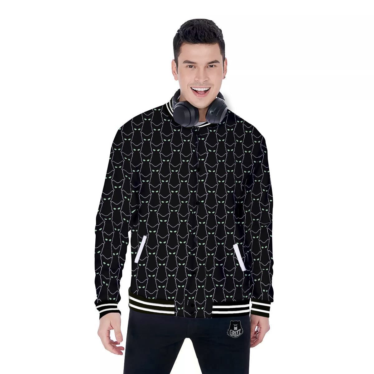 Black Cat Alien Print Pattern Baseball Jacket-grizzshop