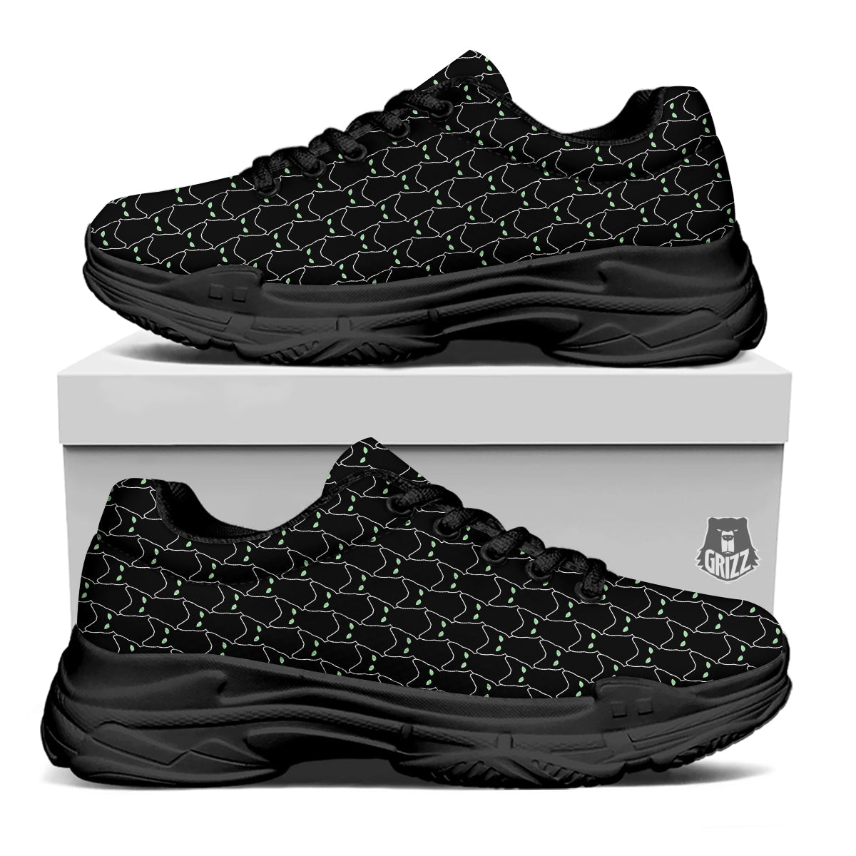 Black Cat Alien Print Pattern Black Chunky Shoes-grizzshop