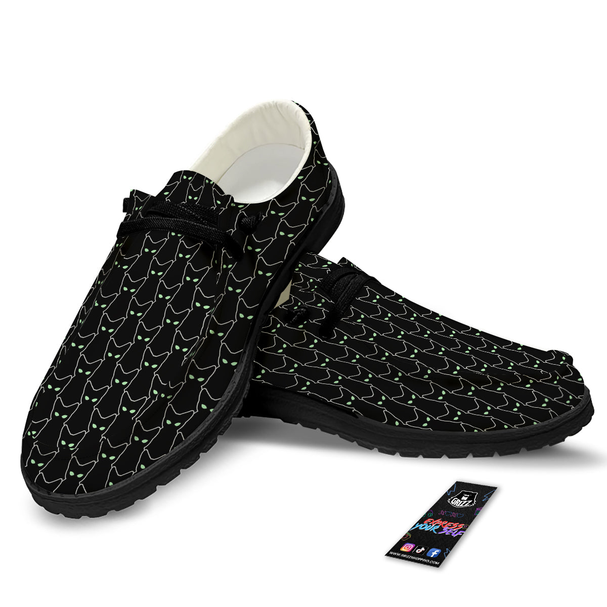 Black Cat Alien Print Pattern Black Loafers-grizzshop