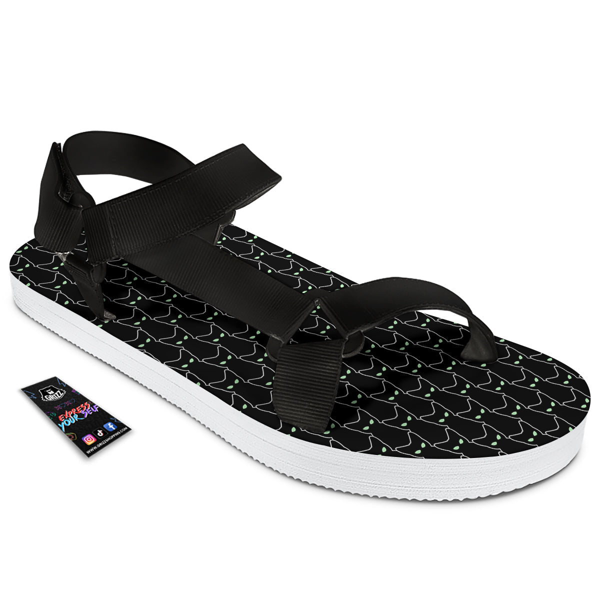 Black Cat Alien Print Pattern Black Open Toe Sandals-grizzshop