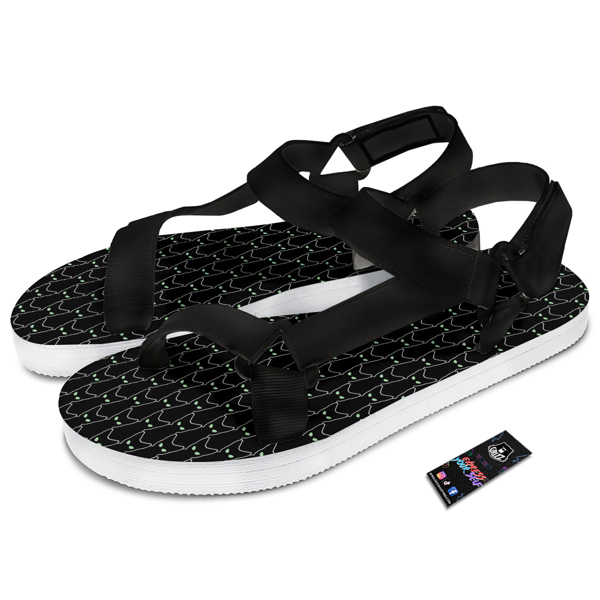 Black Cat Alien Print Pattern Black Open Toe Sandals-grizzshop