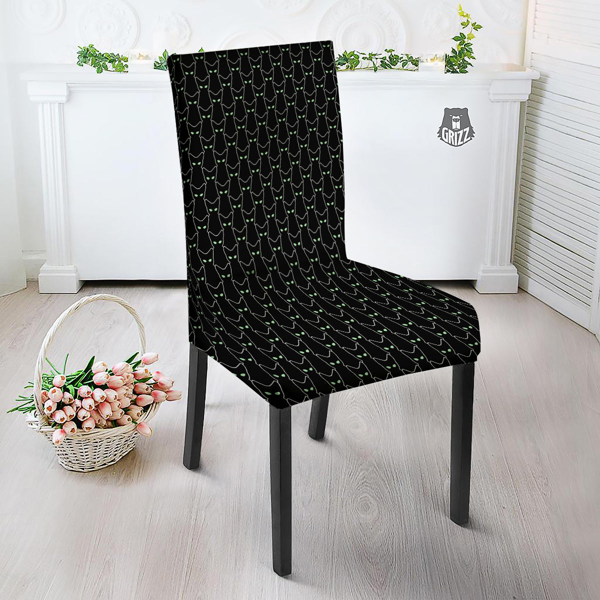 Black Cat Alien Print Pattern Dining Chair Slipcover-grizzshop