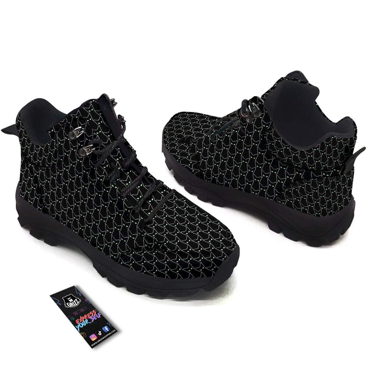 Black Cat Alien Print Pattern Hiking Shoes-grizzshop