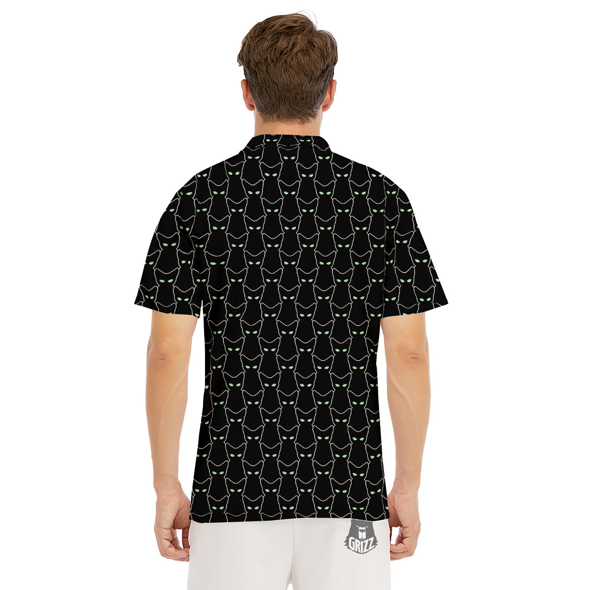 Black Cat Alien Print Pattern Men's Golf Shirts-grizzshop