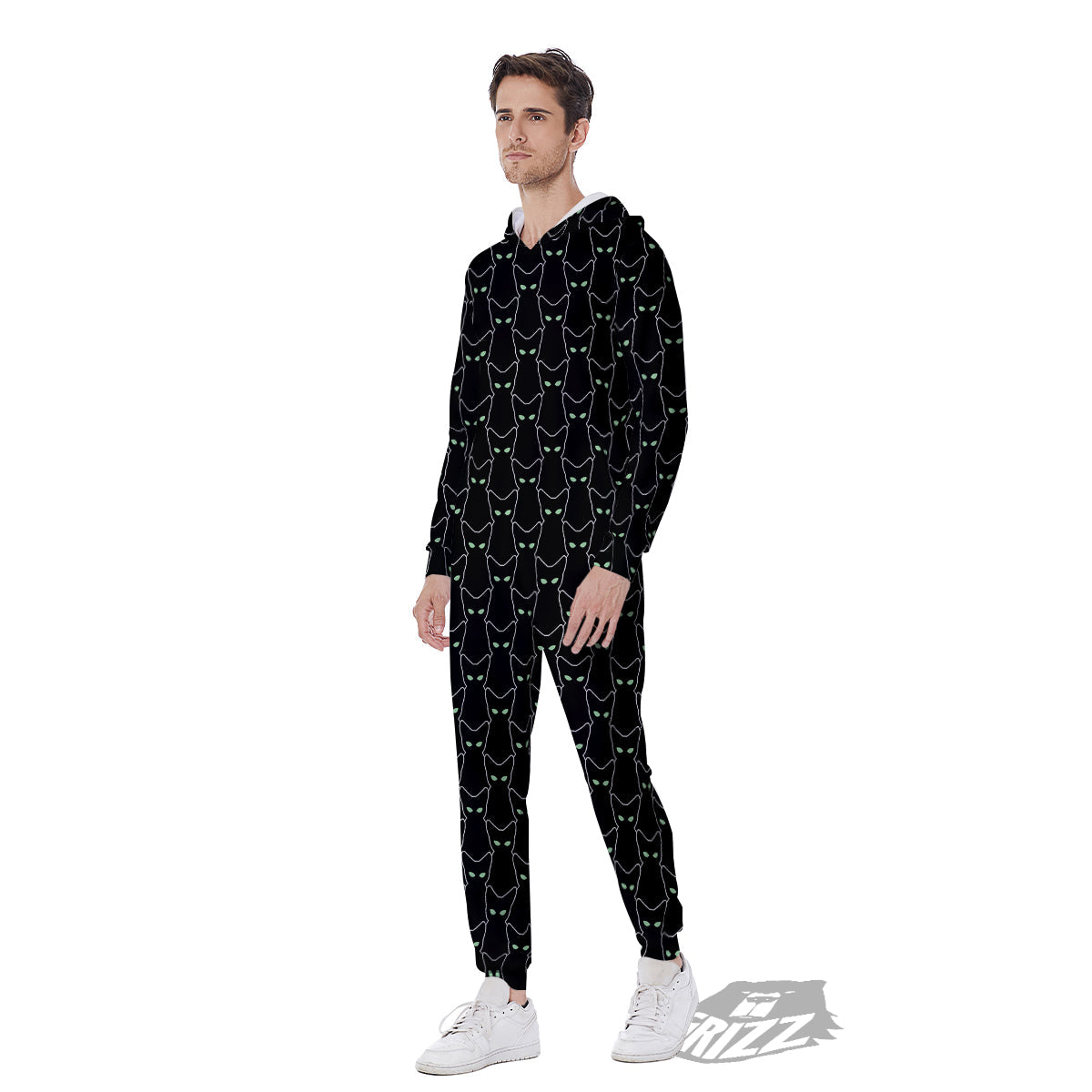 Black Cat Alien Print Pattern Men's Jumpsuit-grizzshop