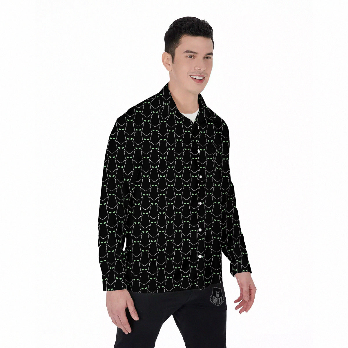 Black Cat Alien Print Pattern Men's Long Sleeve Shirts-grizzshop
