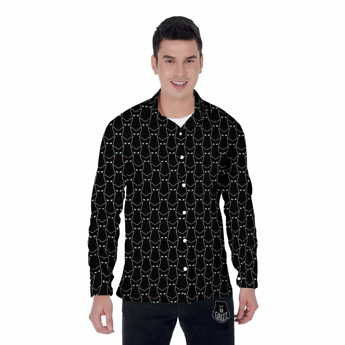 Black Cat Alien Print Pattern Men's Long Sleeve Shirts-grizzshop
