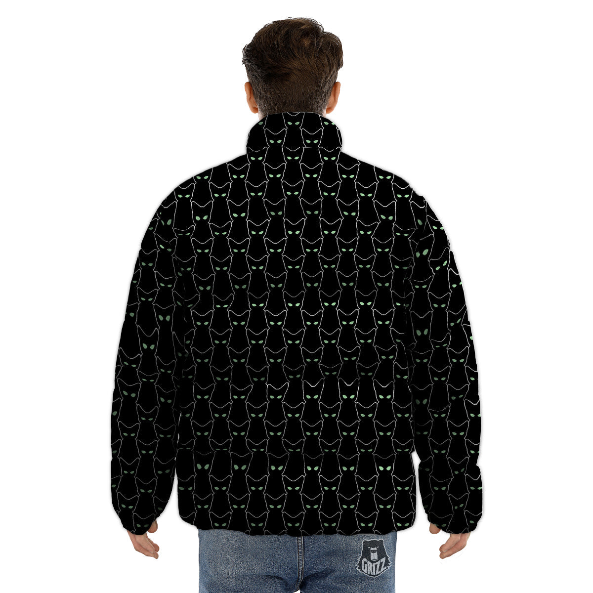 Black Cat Alien Print Pattern Puffer Jacket-grizzshop