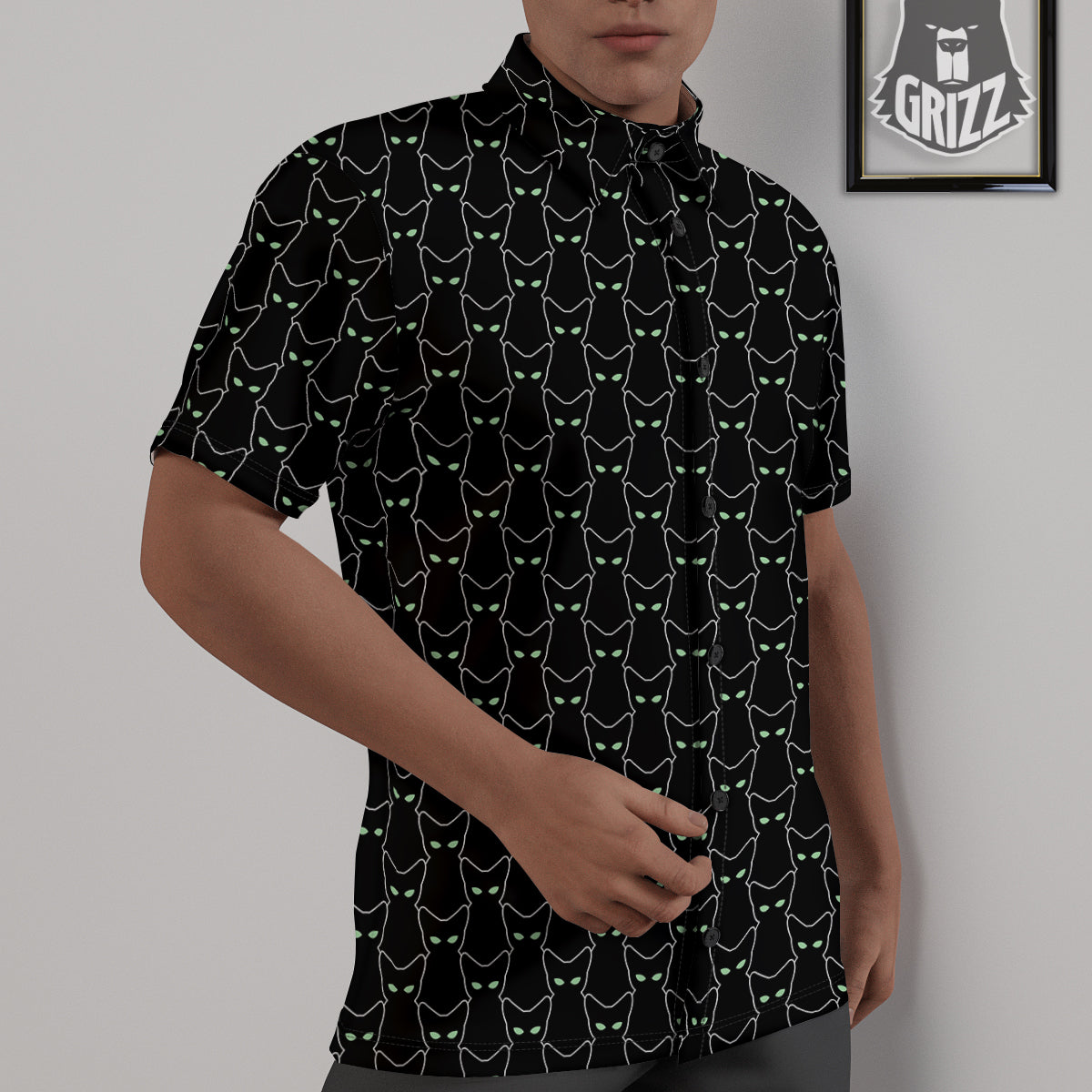 Black Cat Alien Print Pattern Untucked Shirts-grizzshop