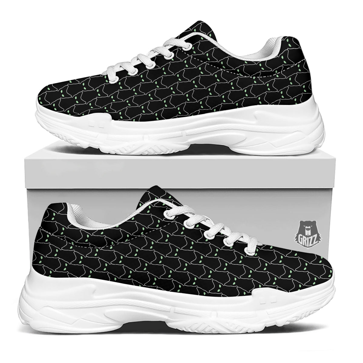 Black Cat Alien Print Pattern White Chunky Shoes-grizzshop