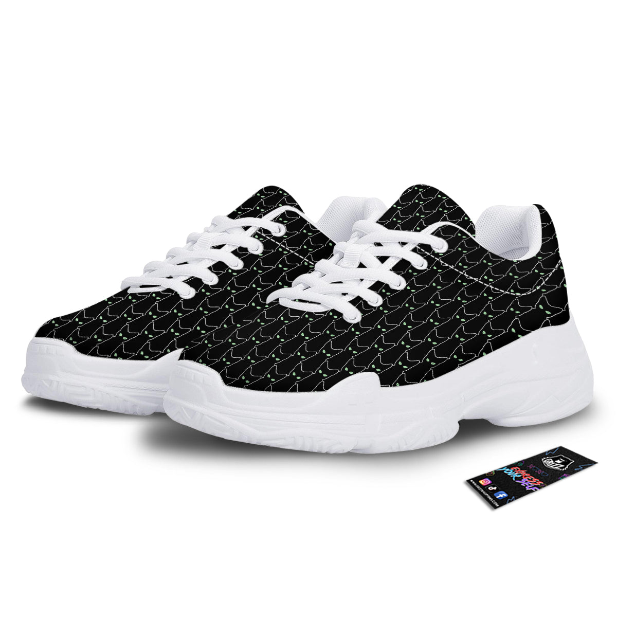 Black Cat Alien Print Pattern White Chunky Shoes-grizzshop
