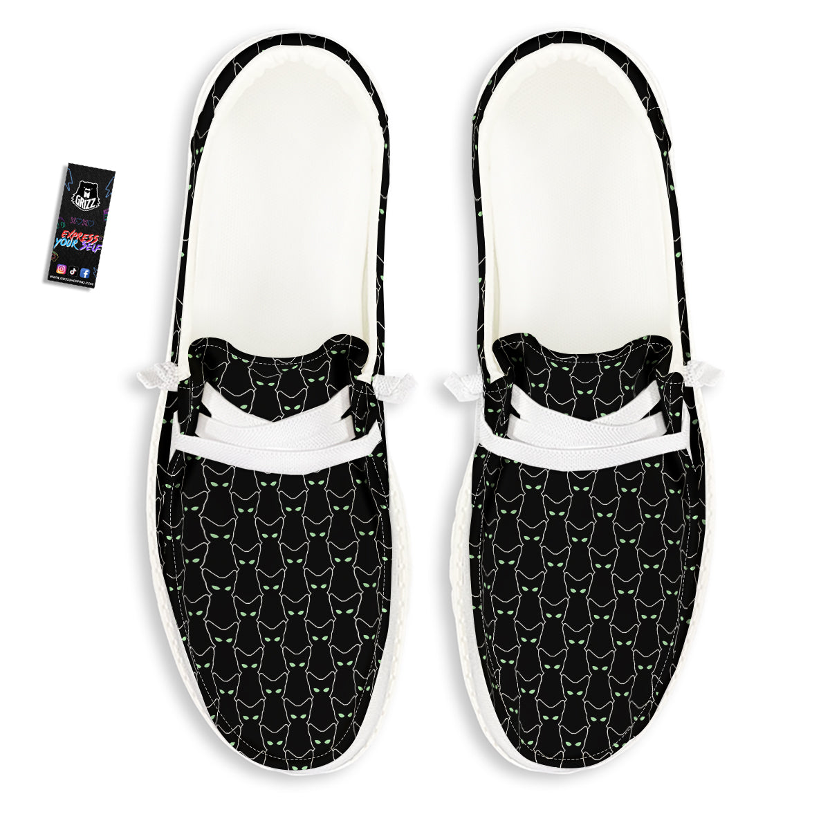 Black Cat Alien Print Pattern White Loafers-grizzshop