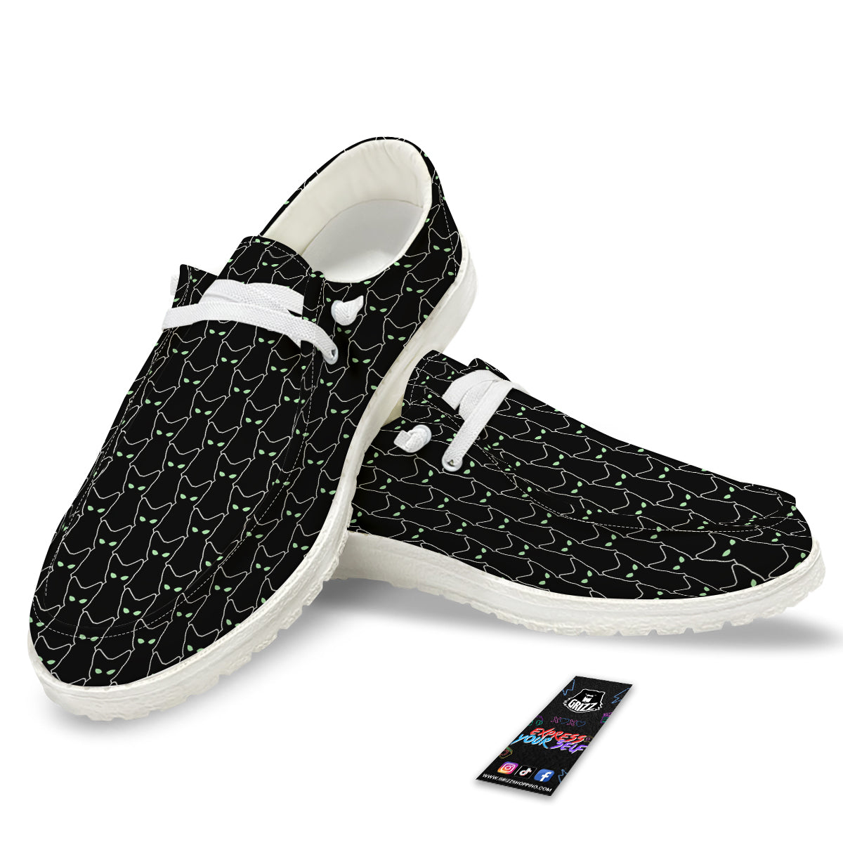 Black Cat Alien Print Pattern White Loafers-grizzshop